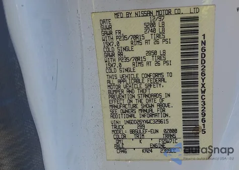 1998 Nissan Frontier Se/Xe из США, поврежденный, VIN 1N6DD26YXWC329615